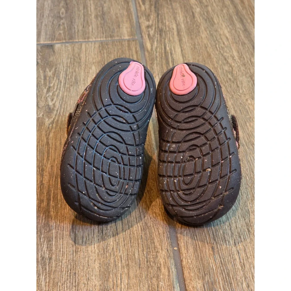 Stride Rite Puffling Brown Leather Pink Floral Embroidery Toddler Shoes 4M